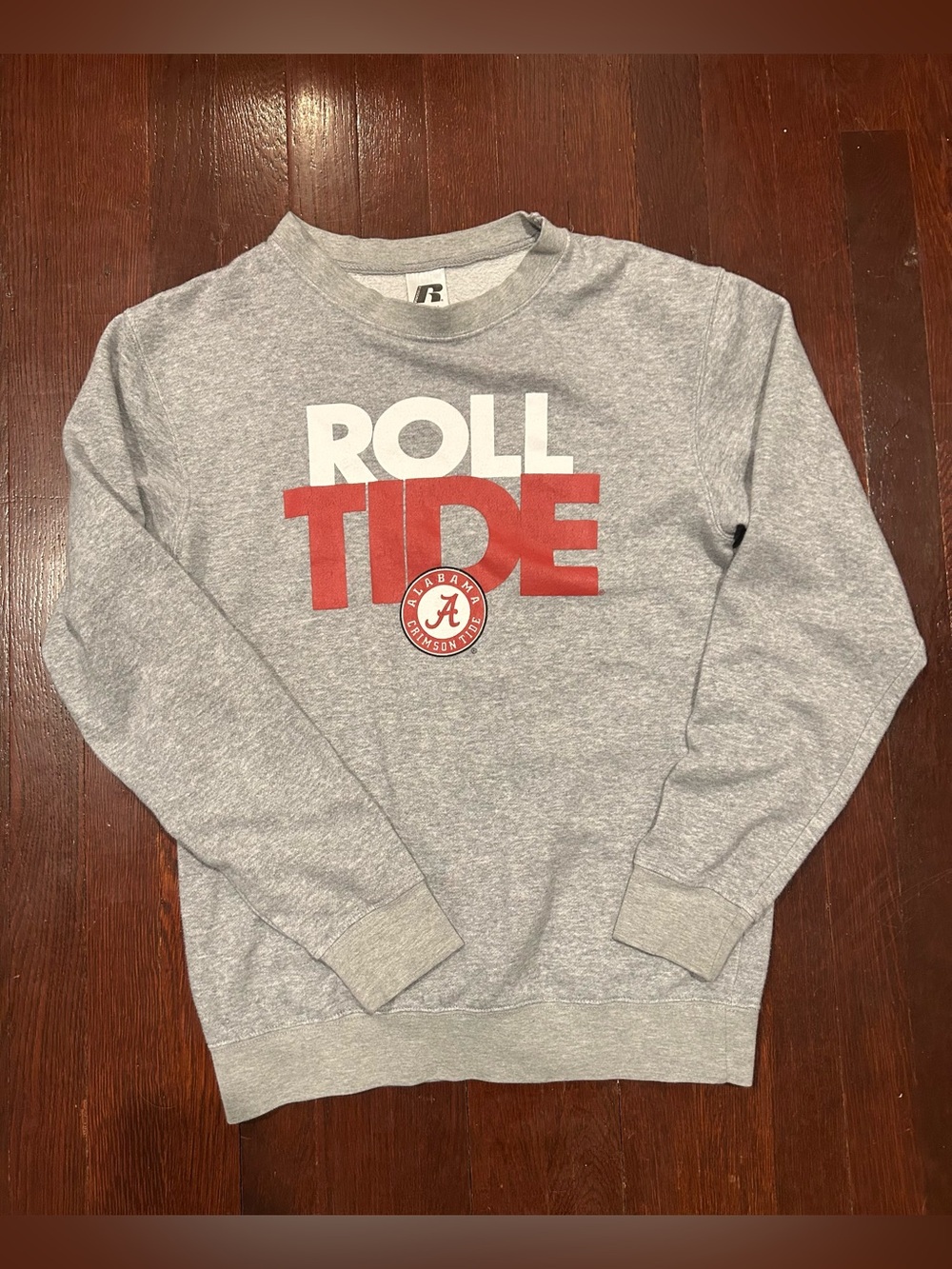 Russell Athletic Gray Crewneck Sweatshirt with Red and White 'Roll Tide' Graphic